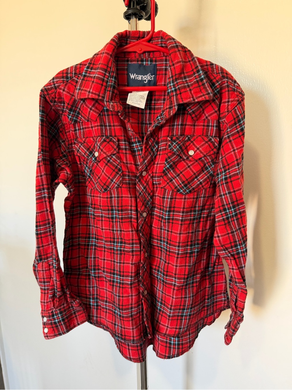 Wrangler Red Plaid Flannel Pearl Snap Long Sleeve Shirt Junior Boys Size Large